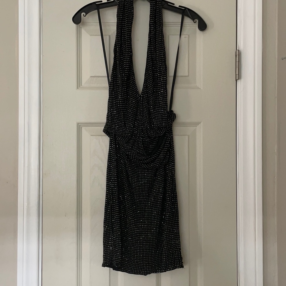 Vintage Bebe silver rhinestone halter mini dress